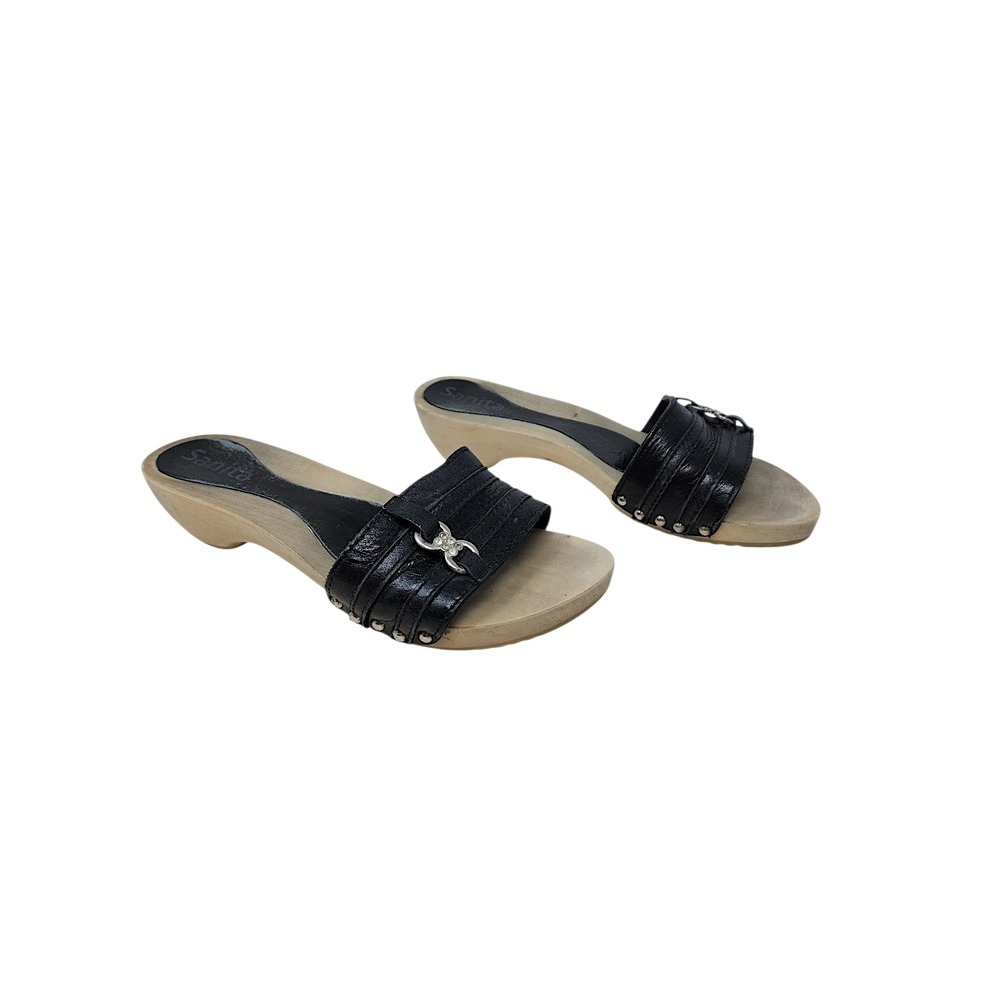 Sanita Slides Clogs 40 US 9 Womens Black Leather Wood Studded Rhinestone Beachy